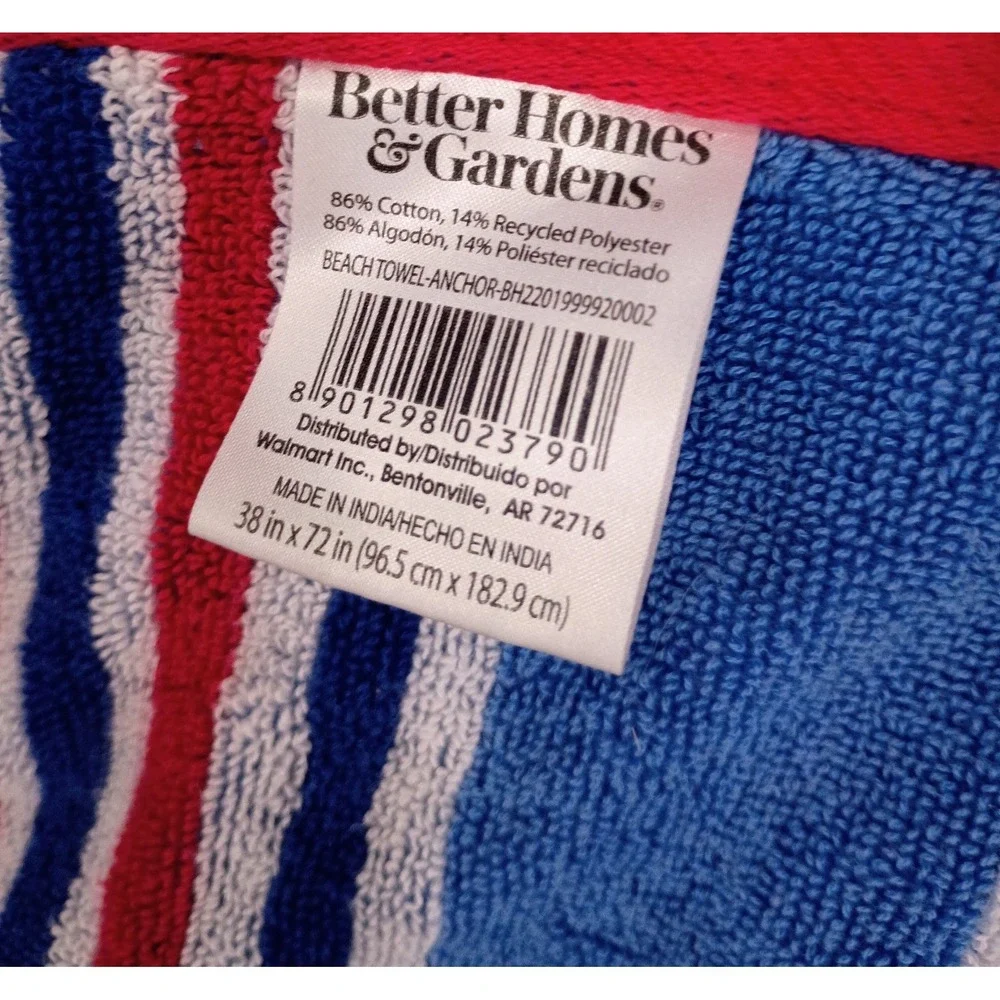 Better Homes & Gardens Nautical Anchor Beach Towel Blue Red 38x72 86% Cotton